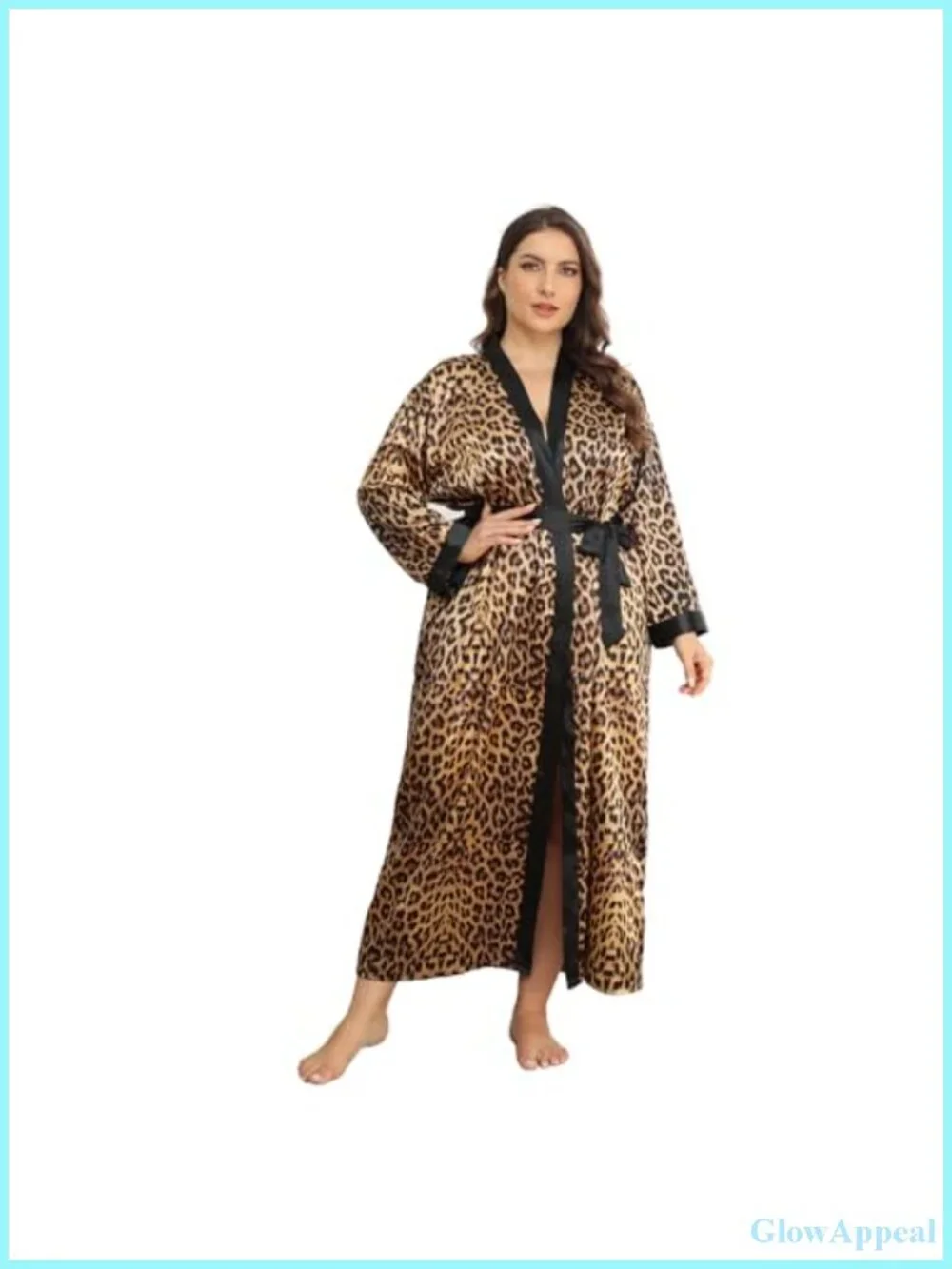 Silky Plus Size Kimono Robe Floral Leopard Long Sleeve Luxurious Sleepwear